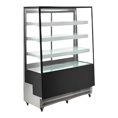 Vitrina refrigerada de piso Migsa ARC-300L en lámina de acero color negro, 4 caras de cristal doble y 3 entrepaños ajustables, frente de 65 cm, 350 litros.