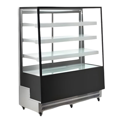 Vitrina refrigerada de piso Migsa ARC-400L en lámina de acero color negro, 4 caras de cristal doble y 3 entrepaños ajustables, frente de 90 cm, 500 litros.