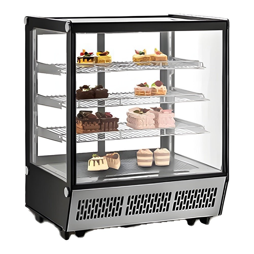 Vitrina refrigerada Migsa CW-295 de cristal recto con 4 niveles de exhibición, frente de 152 cm, 363 litros, color acero y negro.