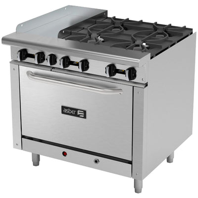 ESTUFA ASBER AEMR-G12-B4-36 | Estufa Combinada | 4 Quemadores | Plancha | Horno | Parrilla | Gas | Acero Inoxidable | Cafetería Restaurante Hotel Bistró | Quemadores Horno Restaurante Cocción Preparación Plancha Industrial Hotel Estufa Completa