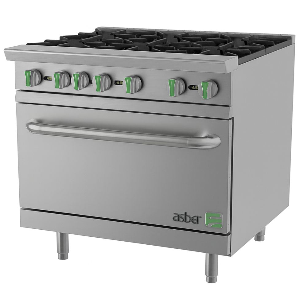 ESTUFA ASBER AER 6 36 EM | 6 Quemadores | Horno Estático | Acero Inoxidable | Restaurante Bistró Comedores Industriales | Estufa Maestra Multifuncional Parrilla Plancha Horno Freidor Gratinador a Gas Acero Inoxidable Restaurante Cocina Industrial Fonda Cenaduría Comedor Industrial