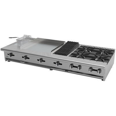 ESTUFA ASBER AM-72 | Estufa Multiple Combinada | 4 Quemadores | Asador 12" | Parrilla | Plancha 24" | Freidora | Gas | Acero Inoxidable | Cafetería Restaurante Hotel Bistró Bar
