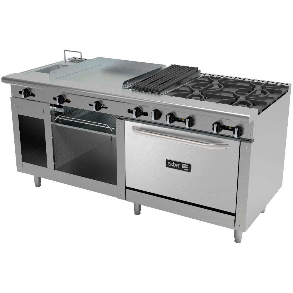 ESTUFA ASBER AMR-72 | Estufa Combinada | 4 Quemadores | Freidora | Asador 12" | Parrilla | Gabinete | Horno | Gratinador | Plancha 24" | Gas | Acero Inoxidable | Comedor Industrial Restaurante Hotel | Estufa Múltiple Horno Gabinete Almacén Freidora Quemadores Abiertos Industrial Completa Gratinador Horno Acero Cocina Preparación Cocción Restaurante Asador