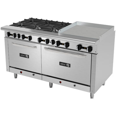 ESTUFA ASBER COMPLETA AEMR-2-G24-B6-60-H | Estufa | 6 Quemadores | Horno Doble 24" y 36 " | Plancha 24" | Parrilla | Gas | Acero Inoxidable | Comedor Industrial Hotel Cafetería Bistró Restaurante | Estufa Completa Horno Doble Plancha Pulgadas Quemadores Industrial Uso Rudo Preparación Cocción Cocina Restaurante Hotel Cafetería