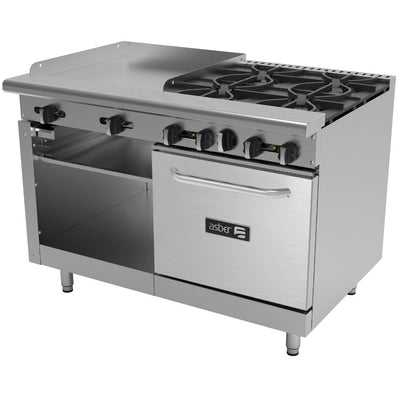 ESTUFA ASBER AMR-48 | Estufa Combinada | 4 Quemadores | Plancha 24" | Horno 24" | Gabinete | Gratinador | Parrilla | Gas | Acero Inoxidable | Restaurante Hotel Comedor Industrial Bistró | Quemadores Abiertos Plancha Parrilla Almacén Gabinete Cocina Industrial Cocción Horno Estufa Múltiple Completa Restaurante