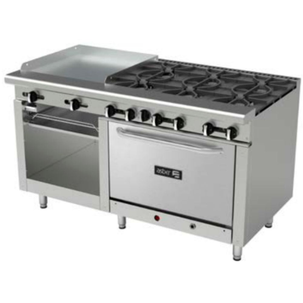 ESTUFA ASBER MULTIPLE AEMR-G24-B6-60-H | Estufa | 6 Quemadores | Gratinador | Plancha 24" | Parrillas | Horno 36" | Gas | Acero Inoxidable | Cafetería Comedor Industrial Hospital Restaurante | Gabinete Almacén Gratinador Restaurante Estufa Múltiple Industrial Plancha Quemadores Hotel Cocción Cocina Preparación