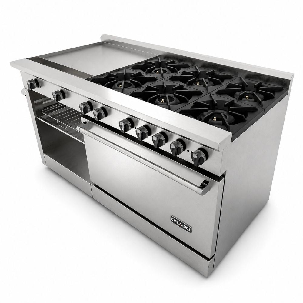 DRAGO CG-61PD | Estufa | 6 Quemadores | Parrilla Gratinador Horno Plancha | Gas | Acero inoxidable | Hotel Restaurante Marisqueria | Estufa Maestra Multifuncional Parrilla Plancha Horno Freidor Gratinador a Gas Acero Inoxidable Restaurante Cocina Industrial Fonda Cenaduría Comedor Industrial
