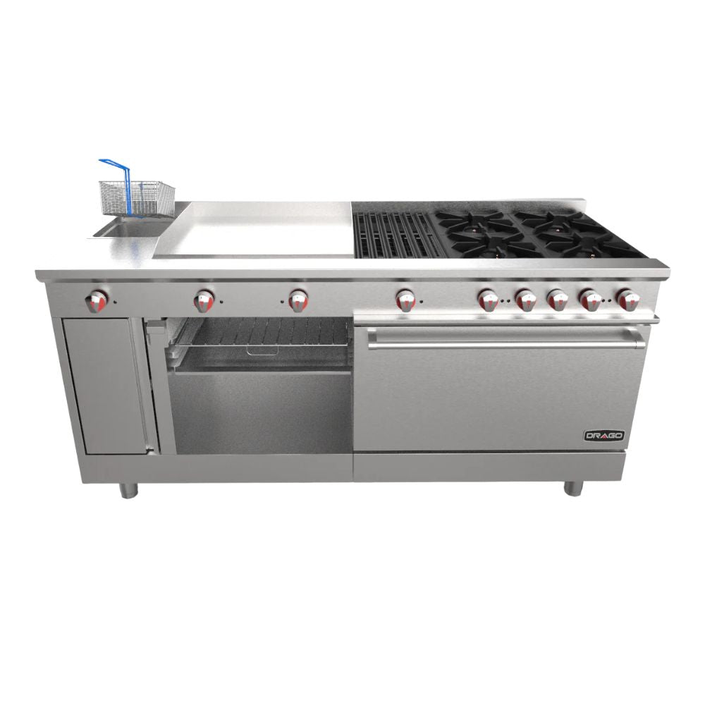 ESTUFA DRAGO UNIVERSAL STD-OUTLET | Estufa | 4 Quemadores | Asador Freidor Gratinador Plancha Horno | Gas | Acero inoxidable | Hotel Restaurante Comisariato