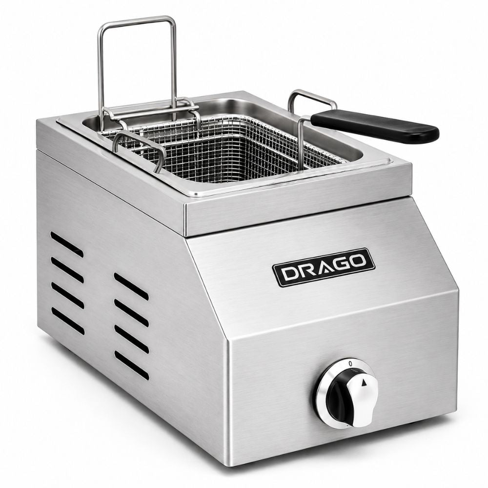 FREIDOR DRAGO FG-5 | Freidor 1 Canastilla | Acero Inoxidable | Alitas Restaurante Comida Rápida | Freidora de Papas Industrial Comercial Gas Eléctrica Papas a la Francesa Pollo Frito Alitas Salchipulpos Acero Inoxidable Restaurante Cocina Económica Fonda Negocio