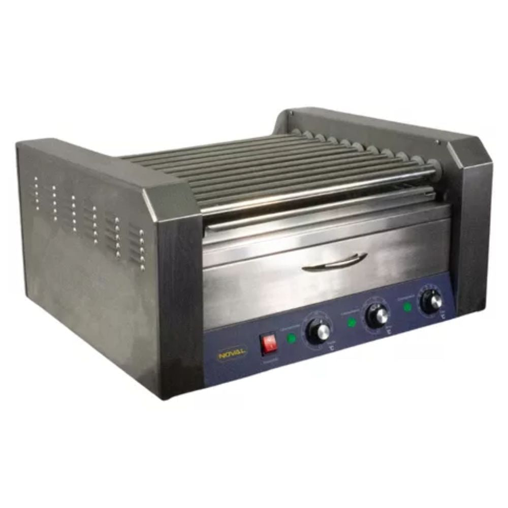 MAQUINA DE HOTDOGS NOVAL MHD-11P | Maquina de Hot Dogs con Gabinete para Pan | 11 Rodillos | Acero | Auto Servicio Comida Rapida Carne Pollo Tacos Hamburguesas Hot Dog Tacos Barbacoa Tacos Dorados Tortas Panini Restaurante Comedor Cocina Industriales Negocio Fonda Taqueria Cenaduria