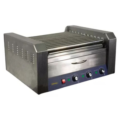 MAQUINA DE HOTDOGS NOVAL MHD-11P | Maquina de Hot Dogs con Gabinete para Pan | 11 Rodillos | Acero | Auto Servicio Comida Rapida Carne Pollo Tacos Hamburguesas Hot Dog Tacos Barbacoa Tacos Dorados Tortas Panini Restaurante Comedor Cocina Industriales Negocio Fonda Taqueria Cenaduria