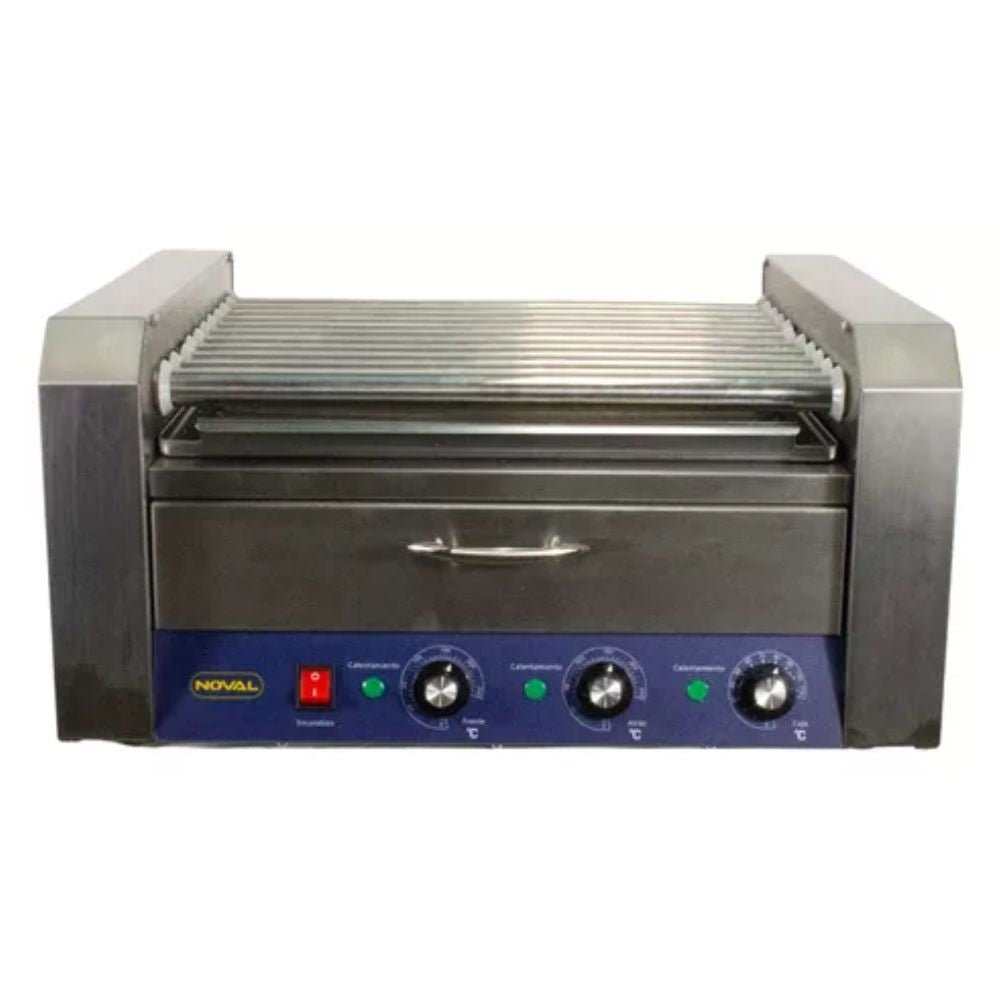 MAQUINA DE HOTDOGS NOVAL MHD-11P | Maquina de Hot Dogs con Gabinete para Pan | 11 Rodillos | Acero | Auto Servicio Comida Rapida Carne Pollo Tacos Hamburguesas Hot Dog Tacos Barbacoa Tacos Dorados Tortas Panini Restaurante Comedor Cocina Industriales Negocio Fonda Taqueria Cenaduria