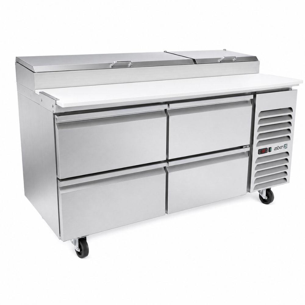 MESA REFRIGERADA ASBER APTP-67-D4 P HC | Mesa De Preparación Con Refrigerante | Pizza | Acero Inoxidable | 4 Cajones | Supermercados Restaurantes Pizzerías | Mesa de Preparación Refrigerada Mesa Fría de Trabajo Mega Top Pizza Ensaladas Sándwiches Ingredientes Acero Inoxidable Supermercados Restaurantes Cocina Industrial Cremería.