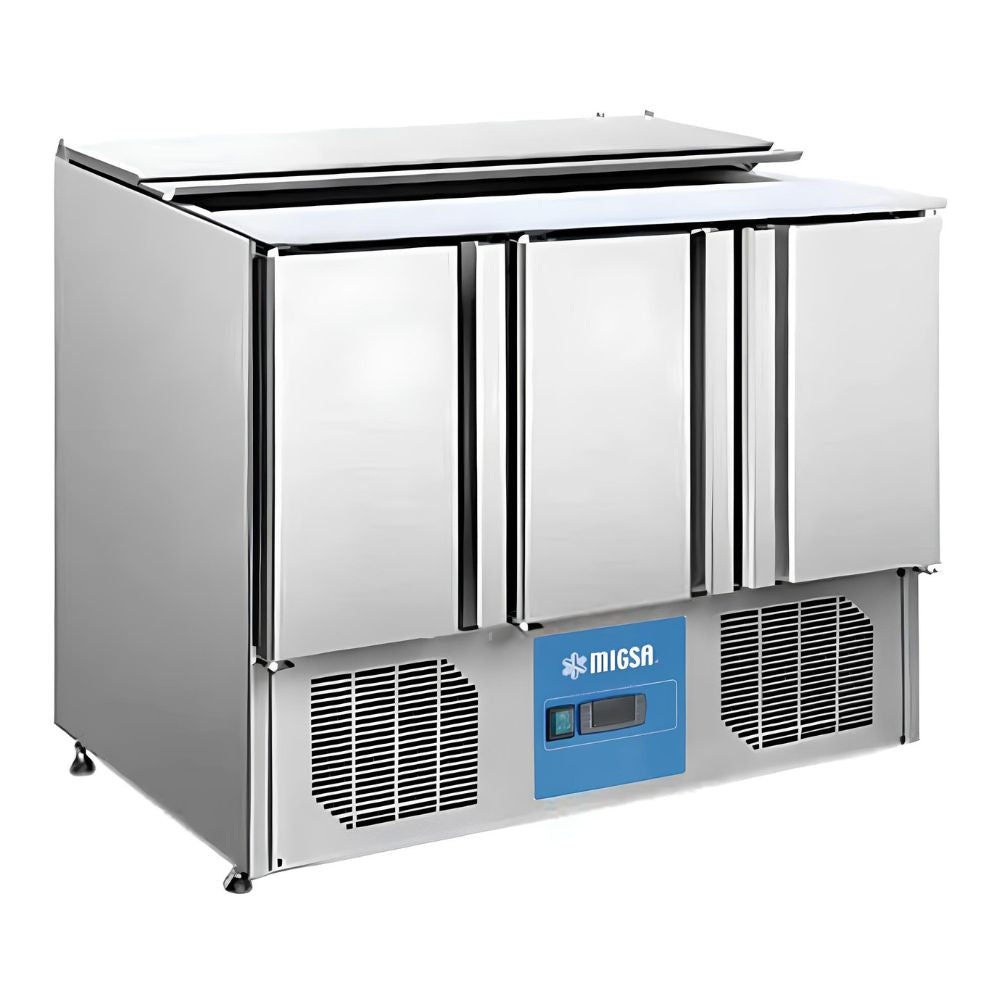 Migsa S903 Barra Fria Ensaladas Tipo Europeo 3 Puertas Restaurante Cafetería Guarniciones Comedores Industriales Cocinas Industriales Panadería Carnicería Preparación Sushi Postres Ensaladas Baguettes