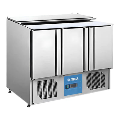 Migsa S903 Barra Fria Ensaladas Tipo Europeo 3 Puertas Restaurante Cafetería Guarniciones Comedores Industriales Cocinas Industriales Panadería Carnicería Preparación Sushi Postres Ensaladas Baguettes