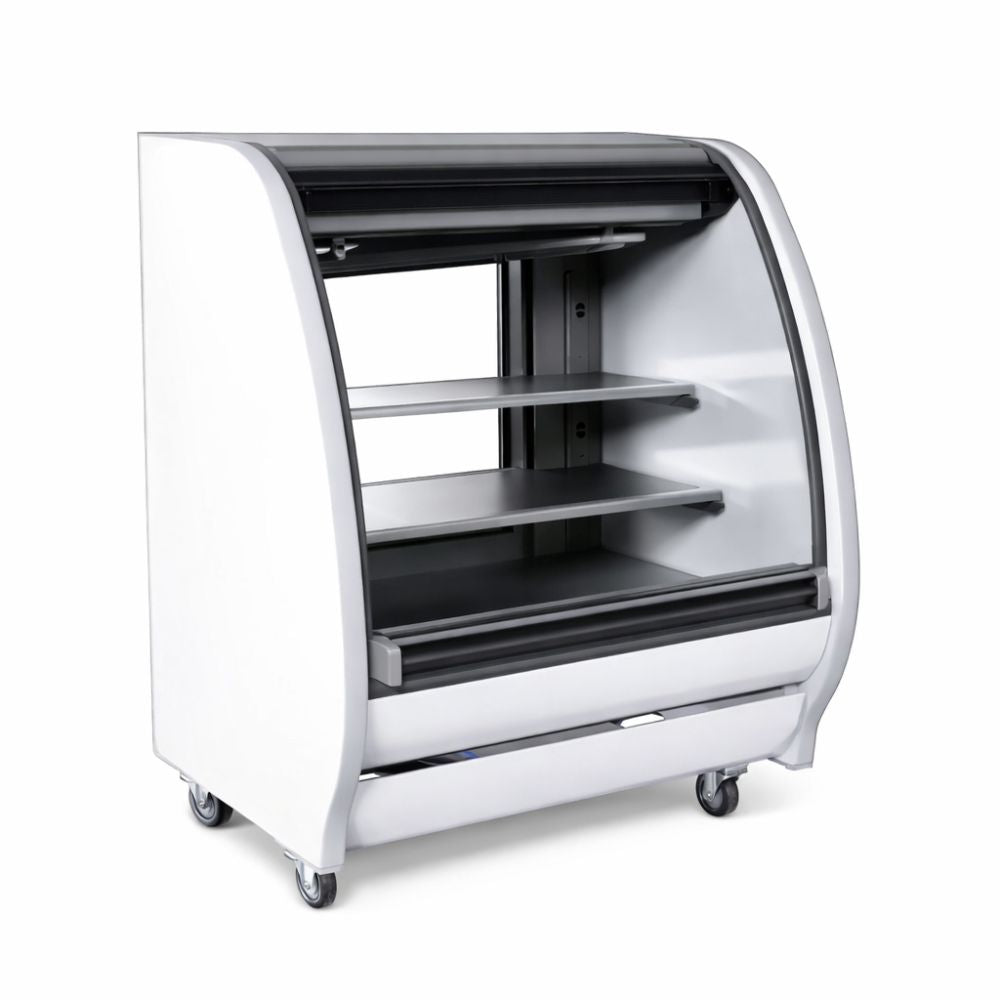 TORREY 1026836 TEM100B LS | Vitrina Exhibidora Refrigerada Cristal Curvo | 100 cm | Blanco | para Tienda de Abarrotes Carnicería Lácteos Pasteles Panes Exhibición Industrial Carnicería Cremería