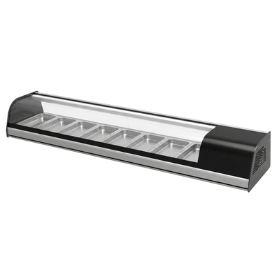 VITRINA REFRIGERADA ASBER ACTC-69 SL HC | Vitrina Refrigerada Sobre Mostrador para Sushi | 173.7 cm | Cristal Curvo | Acero Inoxidable | Negocio Alimentos Sushi Restaurante | Vitrina para Sushi Exhibidor Refrigerado de Ensaladas Carnes Frías Acero Inoxidable Restaurante Comida Japonesa Buffet Cafetería Sushi Bar Negocio
