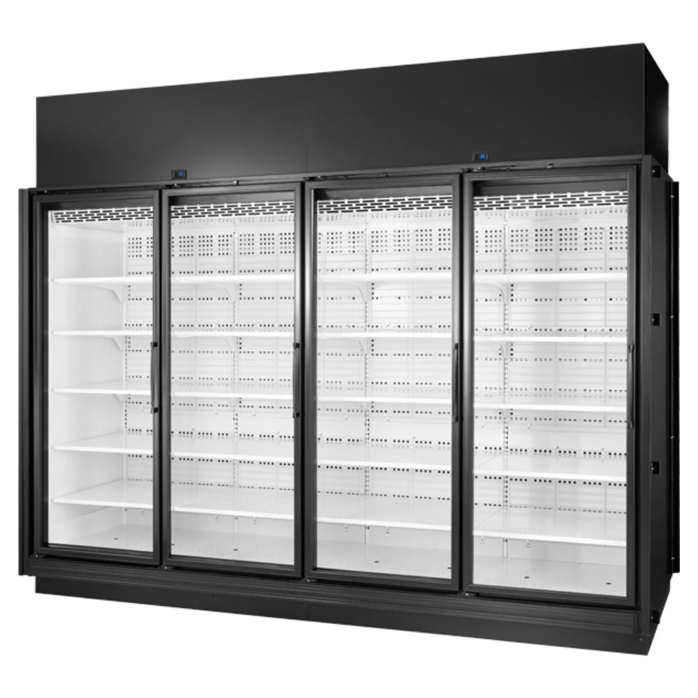 VITRINA TRUE TRM4M-NY-BLK-WHT-1BLKLLLL-4 | Vitrina de venta minorista auténtica | 4 Puertas | Supermercados Tiendas de autoservicio Tiendas de conveniencia | Vitrina Refrigerada Exhibidora Exhibidor de Pasteles Postres Vitrina de Mostrador Cristal Curvo Acero Inoxidable Pastelería Cafetería Cremería Carnicería Restaurante Supermercado