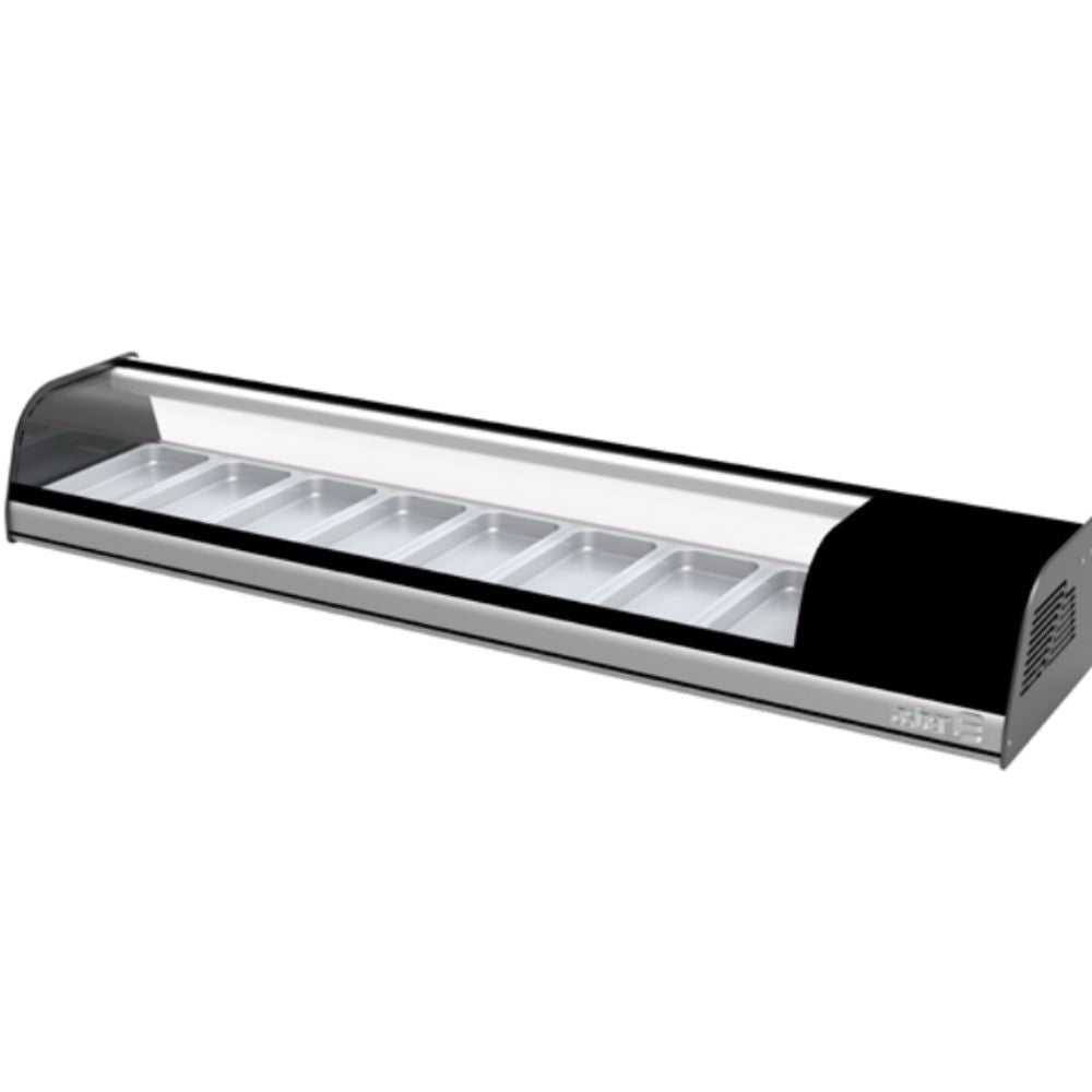 VITRINA REFRIGERADA ASBER ACTC-69 SL HC | Vitrina Exhibidora Refrigerada de Mostrador para Sushi | 173.7 cm | Cristal Curvo | 2 Puertas | Acero Inoxidable | Cremería Super Mercado | Zona de Alimentos Refrigerados Pastelería Repostería Tienda Abarrotes Carnicería Alimentos Refrigerados Pasteles Postre Tienda