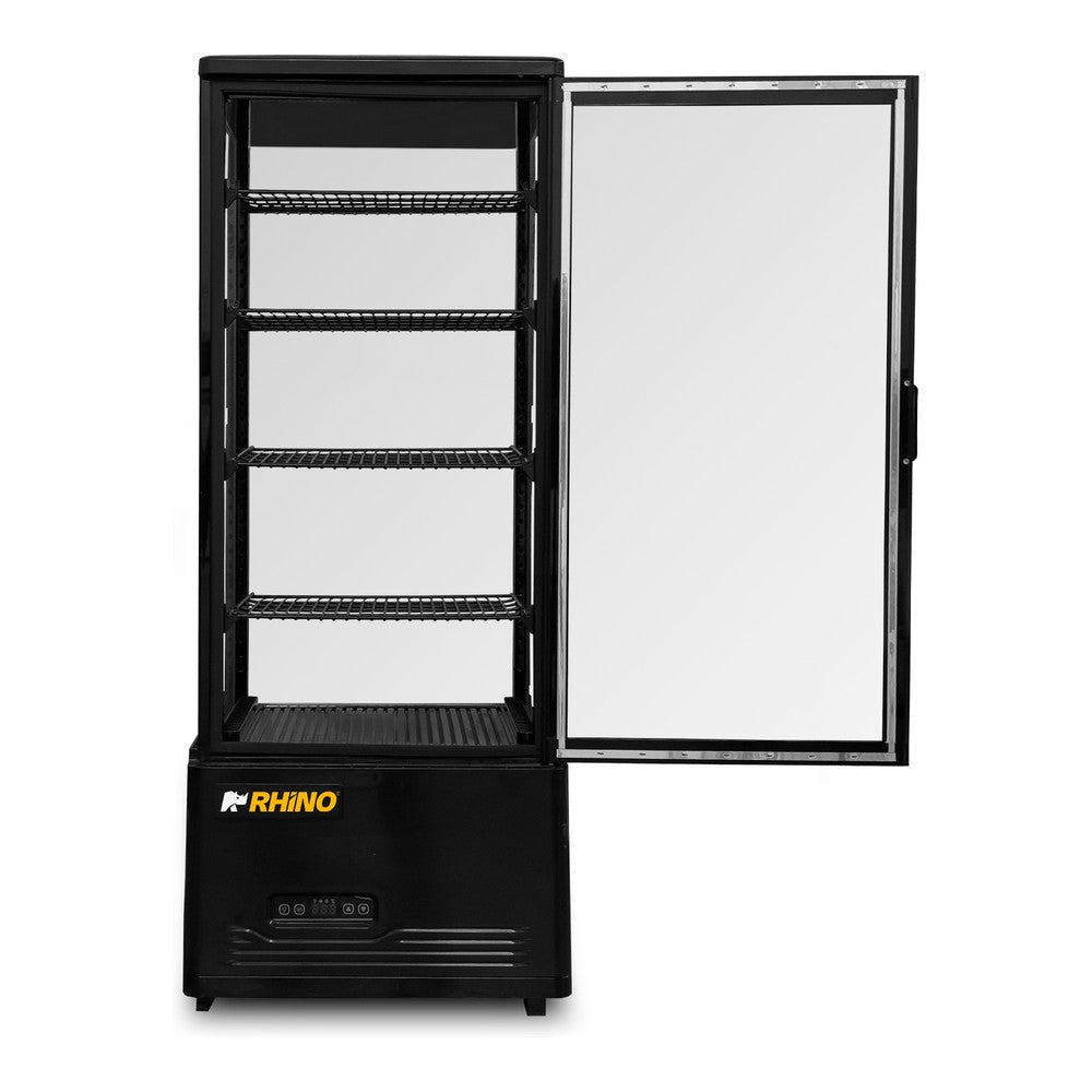 VITRINA REFRIGERADA RHINO VIVEPA-4 | Vitrina Refrigerada Vertical Panorámica | Capacidad 100 L | 4 Lados de Vidrio | Cafetería Pastelería Tienda