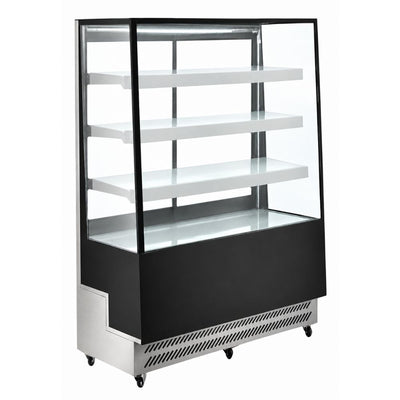 Vitrina refrigerada de piso Migsa ARC-300L en lámina de acero color negro, 4 caras de cristal doble y 3 entrepaños ajustables, frente de 65 cm, 350 litros.
