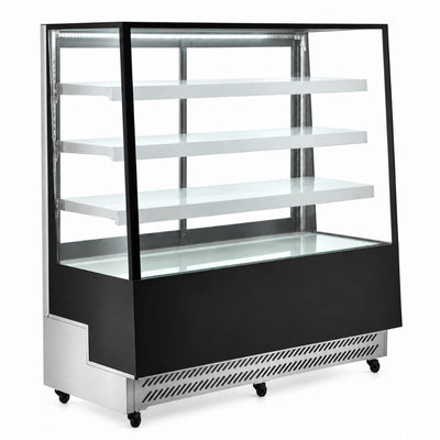 Vitrina refrigerada de piso Migsa ARC-500L en lámina de acero color negro, 4 caras de cristal doble y 3 entrepaños ajustables, frente de 120 cm, 650 litros.