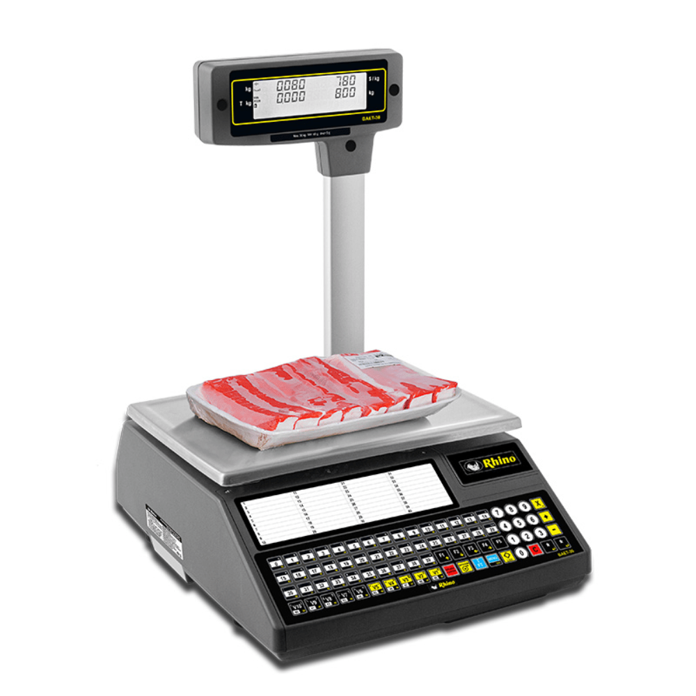 BÁSCULA RHINO BAET-30X | Báscula Etiquetadora con Torreta | 30 Kg | Plato de Acero Inoxidable | Abarrotes Carnicería Cremería Carne Ferretería Verduras Frutas Cremería Cocina Comedor Industrial Tienda Abarrotes