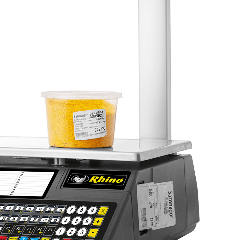 BÁSCULA RHINO BAET-30X | Báscula Etiquetadora con Torreta | 30 Kg | Plato de Acero Inoxidable | Abarrotes Carnicería Cremería Carne Ferretería Verduras Frutas Cremería Cocina Comedor Industrial Tienda Abarrotes