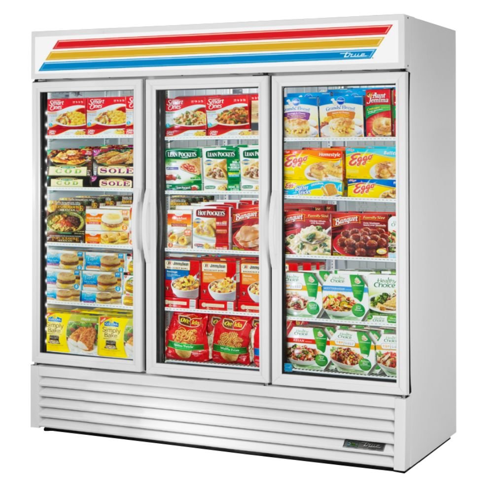 True GDM-72F-HC~TSL01 Congelador Exhibidor Vertical 3 Puertas Cristal 12 Parrillas - - True - KitchenMax Store
