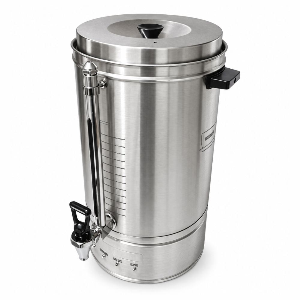 Cafetera International SE-90, 90 tazas, en acero inoxidable.