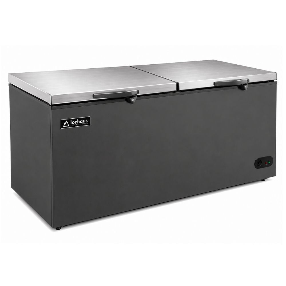 CONGELADOR ICEHAUS CTC-24-G | Congelador Horizontal Gris | 2 Tapas de Cofre | 23 Pies Cúbicos | Pescadería Heladería Carnicería | Congelador Horizontal de Cofre Exhibidor Comercial para Helados Paletas Nieves Acero Inoxidable Supermercado Heladería Paletería Cremería Tienda de Conveniencia