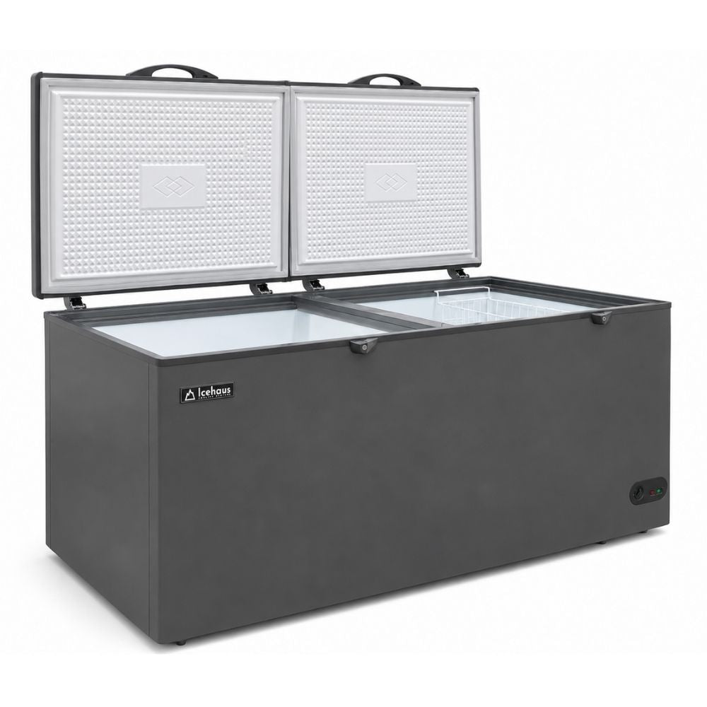 CONGELADOR ICEHAUS CTC-24-G | Congelador Horizontal Gris | 2 Tapas de Cofre | 23 Pies Cúbicos | Pescadería Heladería Carnicería | Congelador Horizontal de Cofre Exhibidor Comercial para Helados Paletas Nieves Acero Inoxidable Supermercado Heladería Paletería Cremería Tienda de Conveniencia