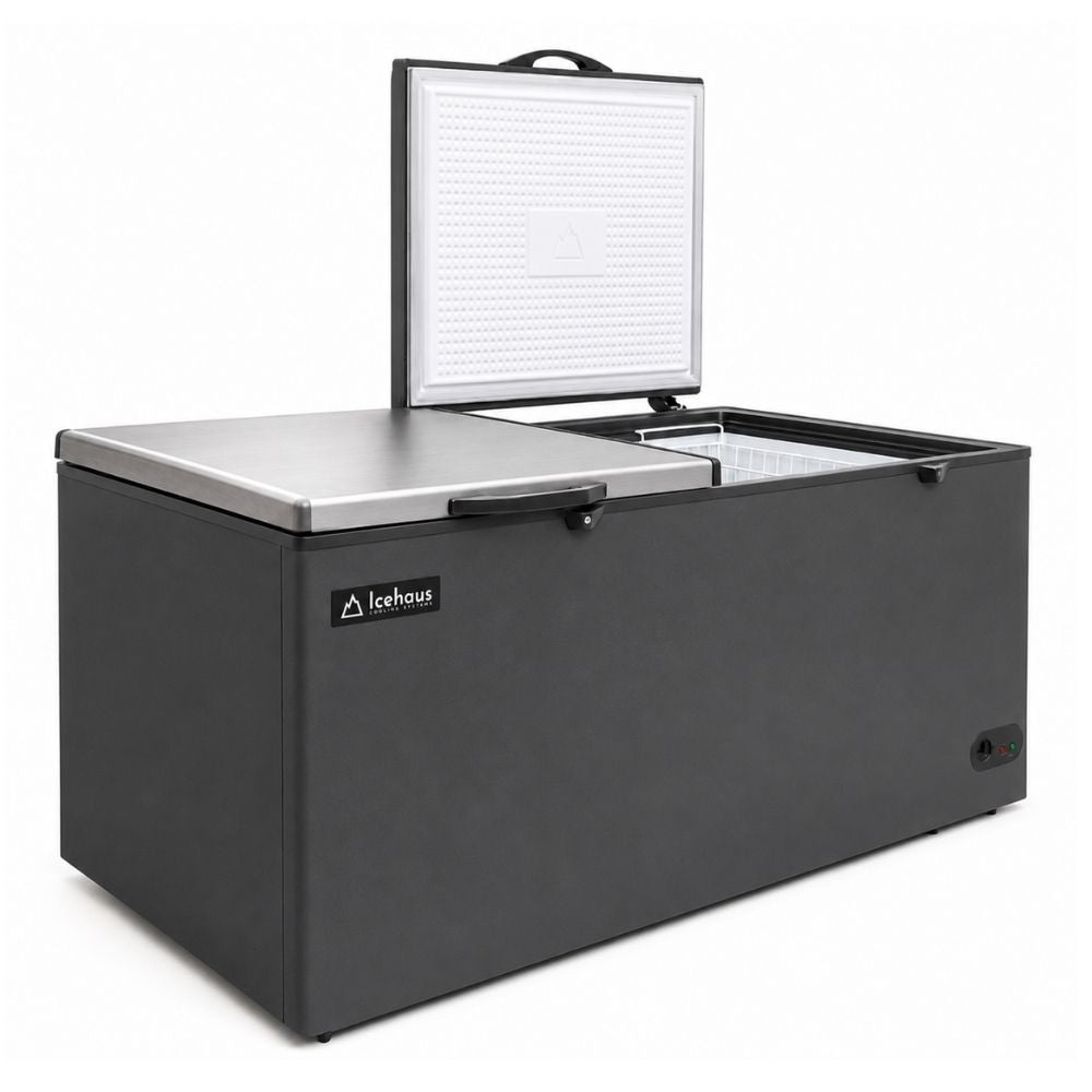 CONGELADOR ICEHAUS CTC-24-G | Congelador Horizontal Gris | 2 Tapas de Cofre | 23 Pies Cúbicos | Pescadería Heladería Carnicería | Congelador Horizontal de Cofre Exhibidor Comercial para Helados Paletas Nieves Acero Inoxidable Supermercado Heladería Paletería Cremería Tienda de Conveniencia