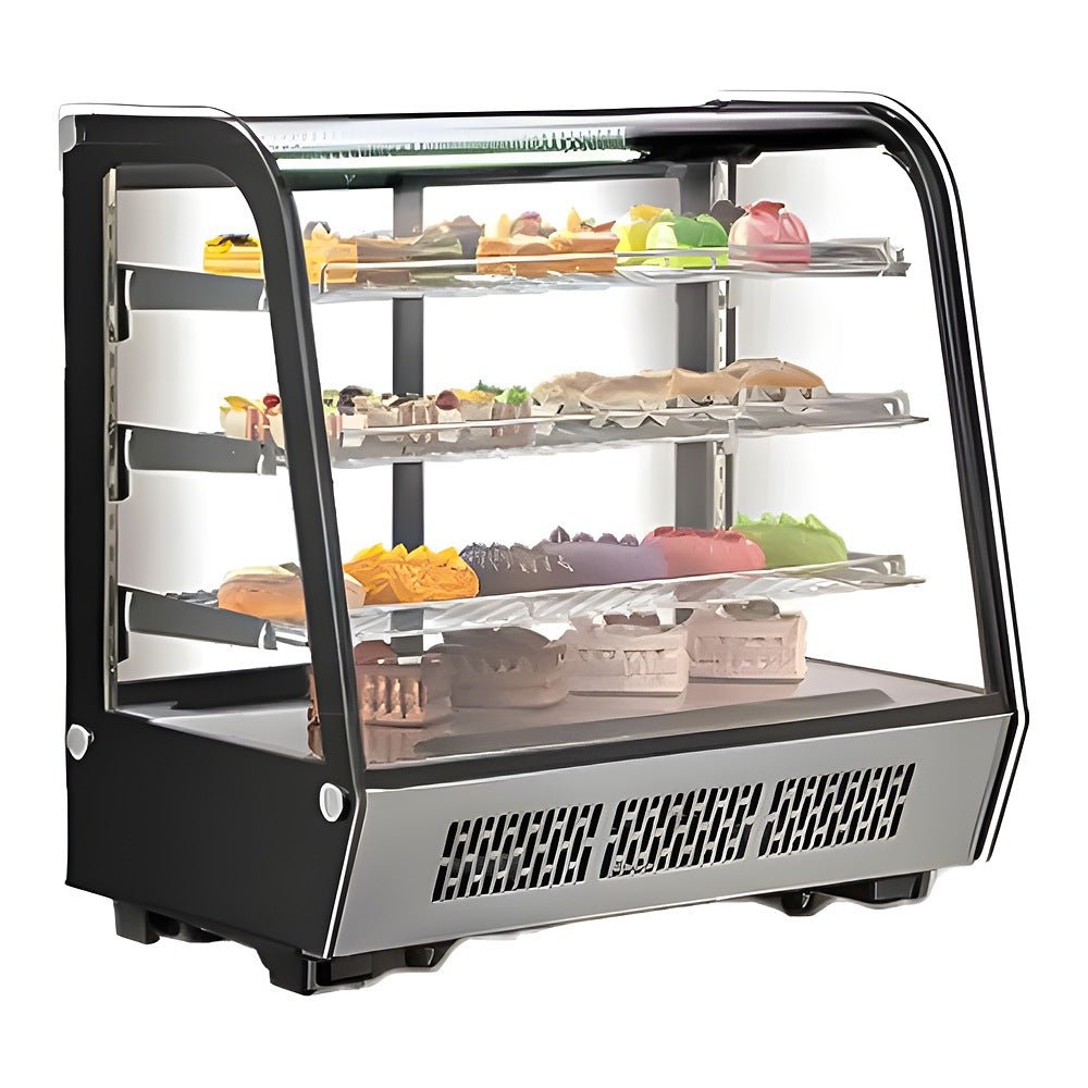 Vitrina refrigerada Migsa CW-235R de cristal curvo con 4 niveles de exhibición, frente de 122 cm, 288 litros, color acero y negro.