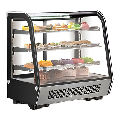 Vitrina refrigerada Migsa CW-235R de cristal curvo con 4 niveles de exhibición, frente de 122 cm, 288 litros, color acero y negro.