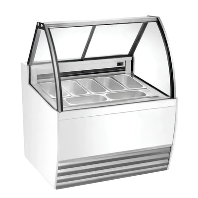 Vitrina Migsa DW-7, vitrina exhibidora cristal curvo, en acero inoxidable.