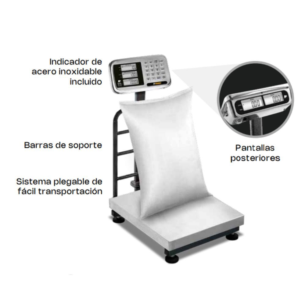 BÁSCULA ELECTRÓNICA RHINO BP-500 | Báscula Electrónica de Plataforma | Acero Inoxidable | Barras Soporte | Sistema plegable | Pantallas Posteriores | Cocina Negocio Mercado