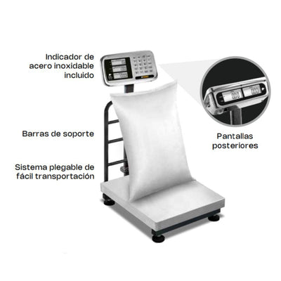 BÁSCULA ELECTRÓNICA RHINO BP-500 | Báscula Electrónica de Plataforma | Acero Inoxidable | Barras Soporte | Sistema plegable | Pantallas Posteriores | Cocina Negocio Mercado