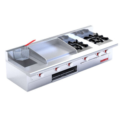 CORIAT  MULTICHEF PETIT DE MESA | Estufa |  Restaurante Cafeteria Loncheria Fonda Cenaduria Pasteleria  | 4 Quemadores |  Plancha Freidor Gratinador  |  Gas |  Estufa Plancha Gratinador Salamandra Empotrar Base Residuos Charola Freidora Respaldo Cocción Alimentos Comida Multiple Preparacion Quemador Uso Rudo Canastilla Niquelada