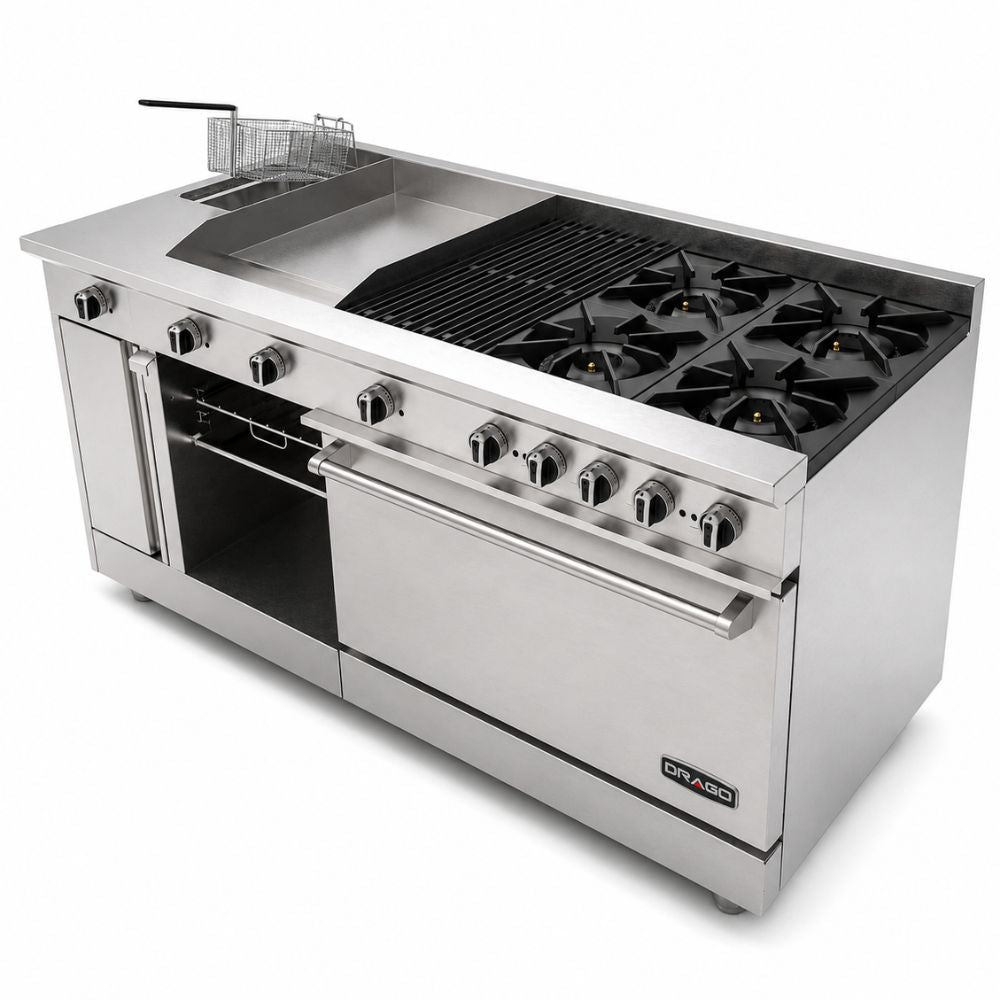 DRAGO UNIVERSAL | Estufa | 4 Quemadores | Asador Freidor Gratinador Plancha Horno | Gas | Acero inoxidable | Hotel Restaurante Comisariato | Estufa Maestra Multifuncional Parrilla Plancha Horno Freidor Gratinador a Gas Acero Inoxidable Restaurante Cocina Industrial Fonda Cenaduría Comedor Industrial