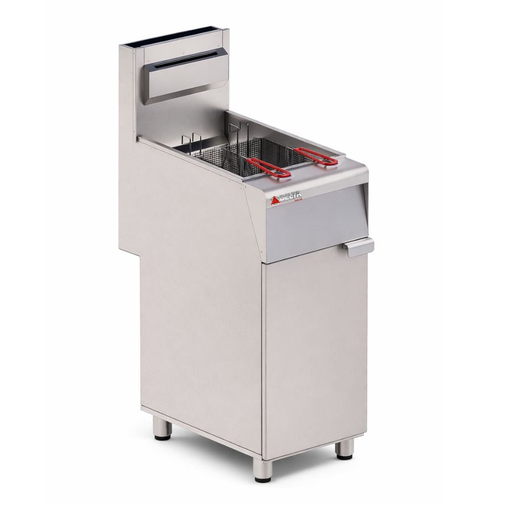 FREIDORA DELTA F-R | Freidora | 1 Tina | 2 Canastillas | 3 Quemadores | 35 Litros | Gas | Alitas Bar Restaurante | Freidora Exterior Acero Inoxidable Interior Acero Aluminizado Quemadores encapsulados Valvula de Seguridad Sistema Electronico 4 Qumedaroes de Fundicion Alitas Bar Restaurante