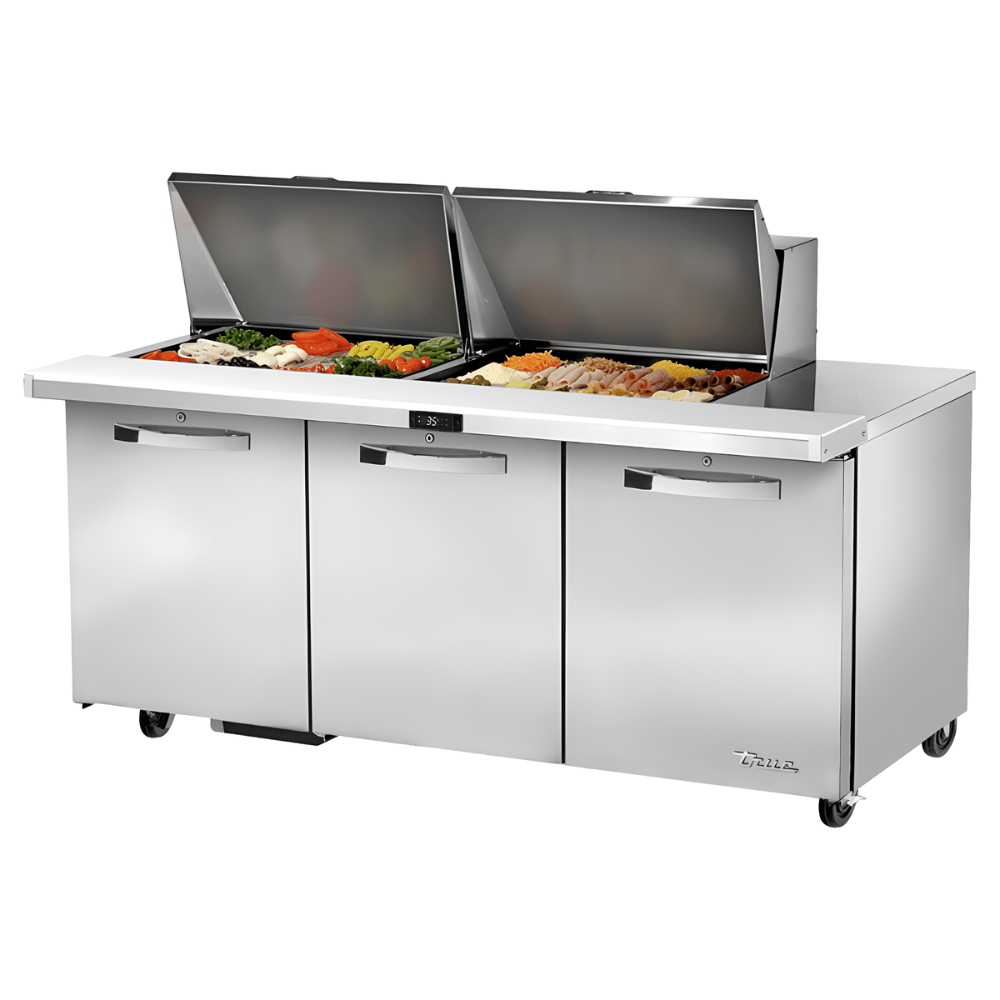 MESA DE PREPARACIÓN TRUE TSSU-72-24M-B-ST-HC~SPEC3 | Mesa Preparación | 3 Puertas | 6 Estantes | Cocina Hotel Restaurante | Mesa de Preparación Refrigerada Mesa Fría de Trabajo Mega Top Pizza Ensaladas Sándwiches Ingredientes Acero Inoxidable Supermercados Restaurantes Cocina Industrial Cremería