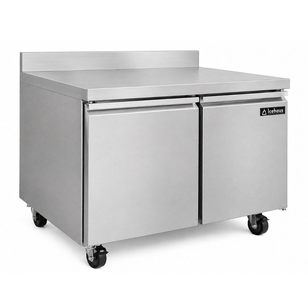 MESA DE TRABAJO ICEHAUS MTR-2P-SS-01  Mesa de Trabajo Refrigerada  2 Puertas  Capacidad 11.3 Pies Cúbicos  Temperatura 33° ~ 40°F  Cocina Industrial Hotel