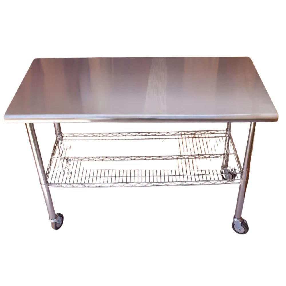 MESA MINDEJAL MLM2037859687 | Mesa de Trabajo | Rejilla | Rodajas | Frente 120 cm | Acero Inoxidable | Restaurante Cafetería Bar Superficie Amplia Ergonómica Resistente Multifuncional Ajustable Duradera Espacio de Almacenamiento Modular Compacta Estable Fácil de Limpiar Diseño Industrial Personalizable Versátil Antideslizante