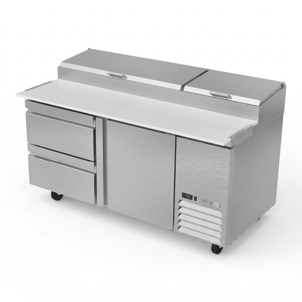 MESA REFRIGERADA ASBER APTP-67-D4 P HC | Mesa De Preparación Con Refrigerante | Pizza | Acero Inoxidable | 4 Cajones | Supermercados Restaurantes Pizzerías