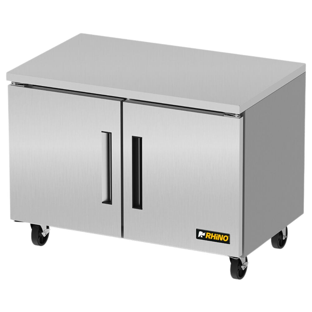 MESA REFRIGERADA RHINO MERBAJ-48 | Mesa Refrigerada Bajo Barra | 13.3 Pies Cúbicos | 2 Puertas Sólidas | Acero Inoxidable | Restaurante Bar Hotel Bar Restaurante Cafeteria Guarniciones Comedores Industriales Cocinas Industriales Panaderia Carniceria Preparación Sushi Postres Ensaladas Baguettes