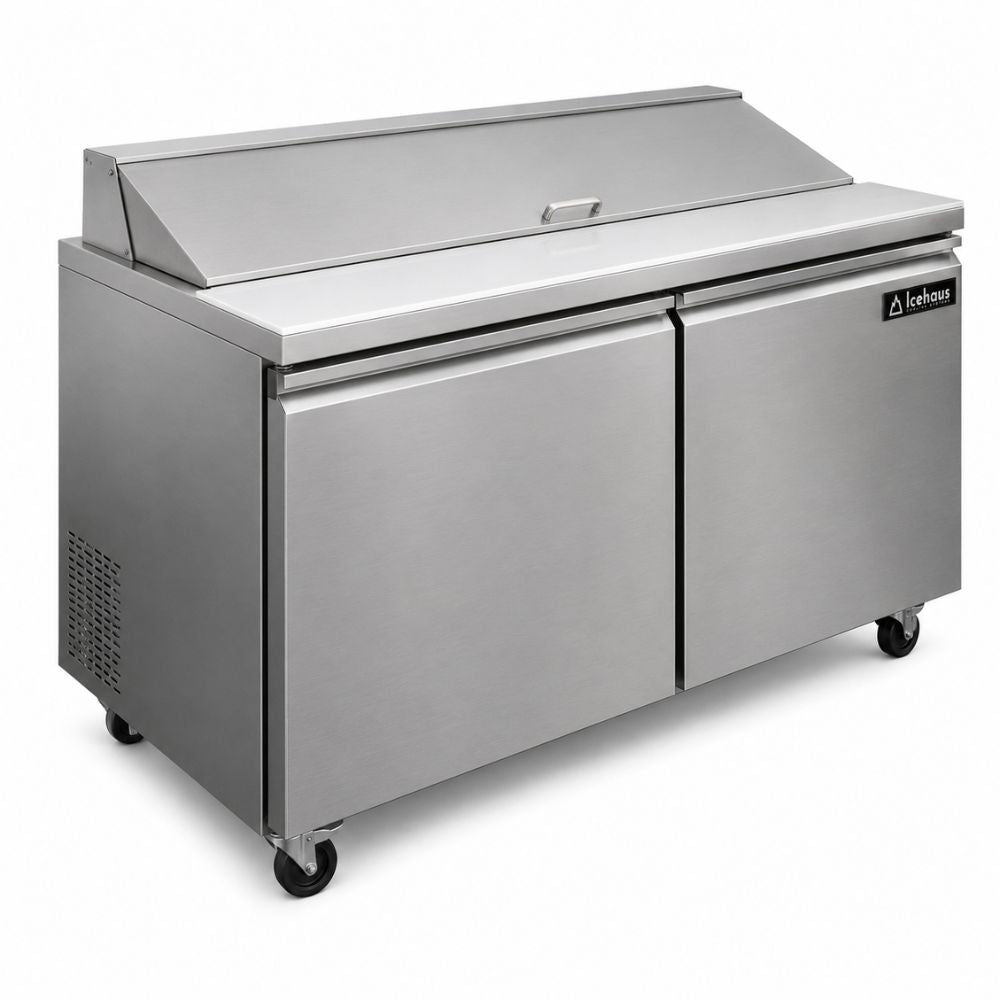 MESA DE TRABAJO ICEHAUS ME-2P-SS-02 | Mesa para Ensaladas | 2 Puertas | Acero Inoxidable | Restaurante Hotel Cocina Industrial | Mesa de Preparación Refrigerada Mesa Fría de Trabajo Mega Top Pizza Ensaladas Sándwiches Ingredientes Acero Inoxidable Supermercados Restaurantes Cocina Industrial Cremería