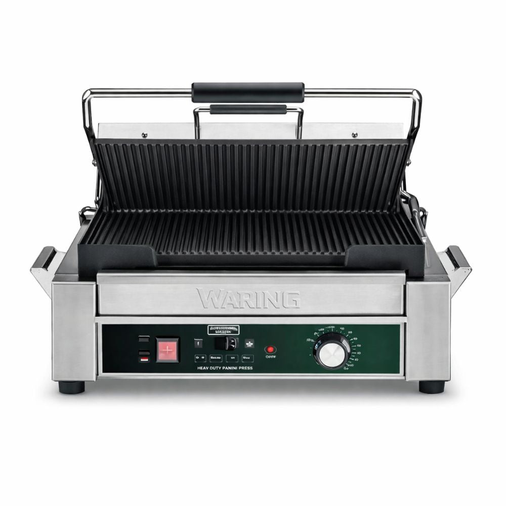 PANINERA WARING WPG250TX | Panini Grill | Termostato Regulable a 298 °C | Cafetería Restaurante Desayunador | Paninera Plancha Panini Sandwichera Grill Prensa para Sándwiches Paninis Tortas Baguettes Acero Inoxidable Cafetería Restaurante Bistró Hotel Negocio