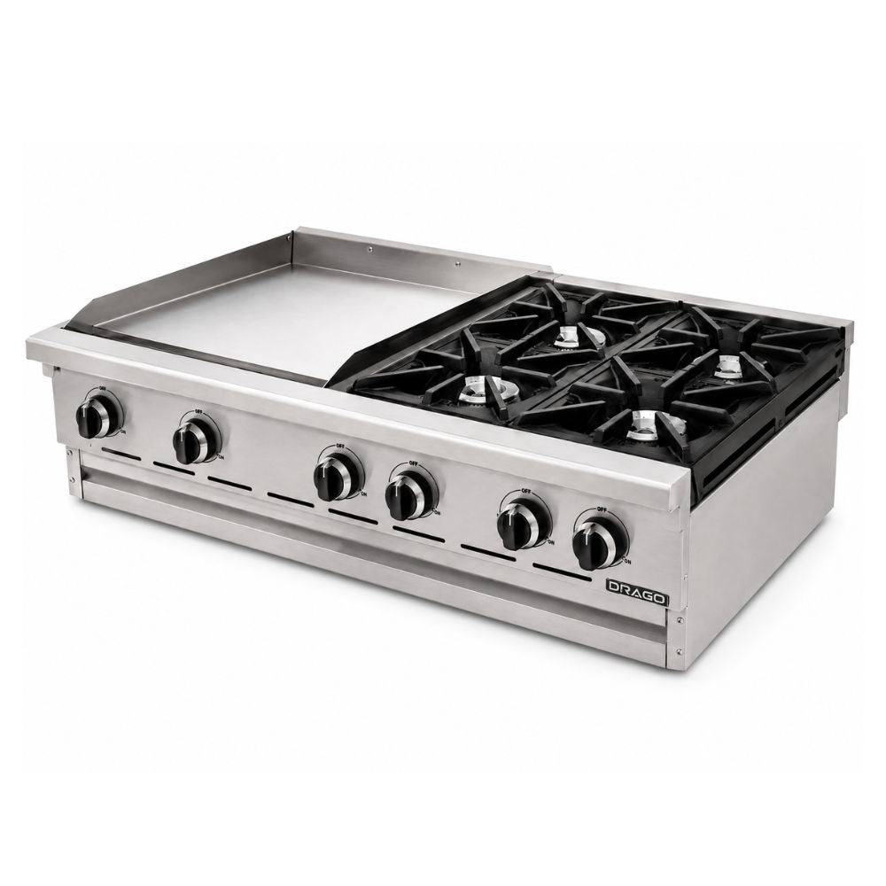 PARRILLA DRAGO CG-40PD | Parrilla 4 Quemadores Plancha | Gas | Acero Inoxidable | Restaurante Bistró Buffet | Estufa Maestra Multifuncional Parrilla Plancha Horno Freidor Gratinador a Gas Acero Inoxidable Restaurante Cocina Industrial Fonda Cenaduría Comedor Industrial