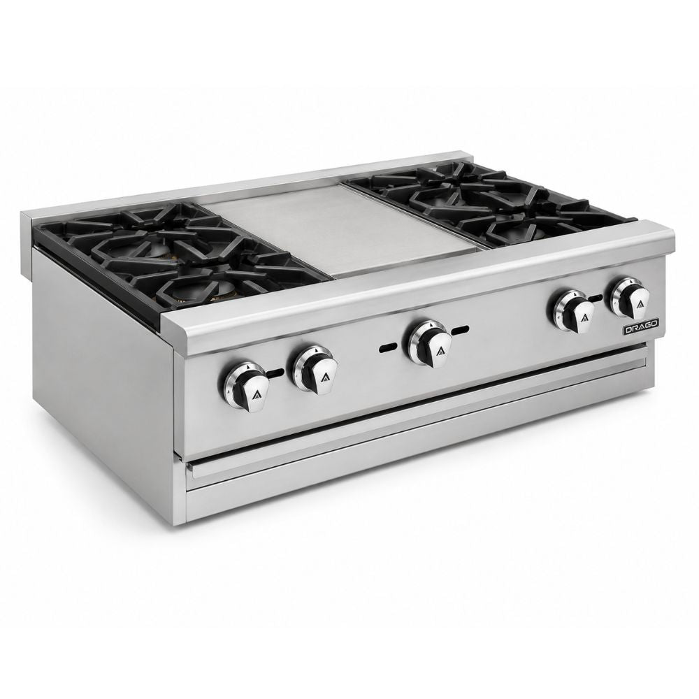 PARRILLA DRAGO CG-40P | Parrilla 4 Quemadores Plancha | Gas | Acero Inoxidable | Restaurante Bistró Buffet | Estufa Maestra Multifuncional Parrilla Plancha Horno Freidor Gratinador a Gas Acero Inoxidable Restaurante Cocina Industrial Fonda Cenaduría Comedor Industrial